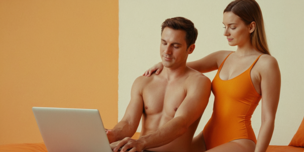 Мужчина и женщина в купальниках сидят на кровати и смотрят в ноутбук. Мужчина, ИТ-специалист, без рубашки, печатает, а женщина в оранжевом комбинезоне